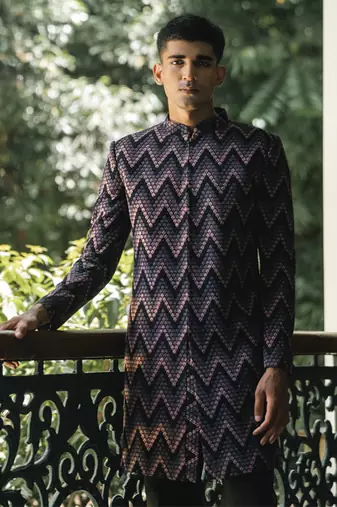 Black embroidered cotton poly achkan