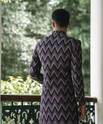 Black embroidered cotton poly achkan 4