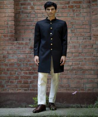 Black plain cotton poly achkan 1