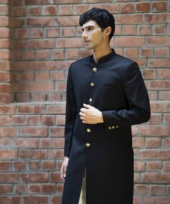 Black plain cotton poly achkan 2