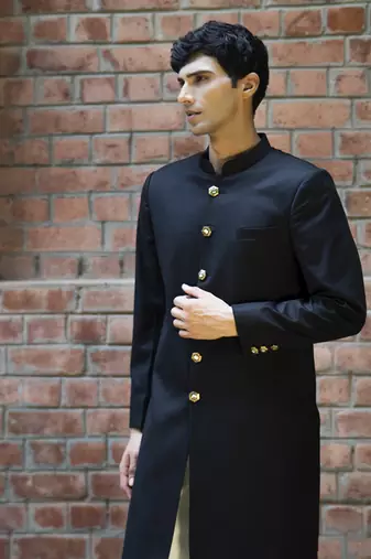 Black plain cotton poly achkan