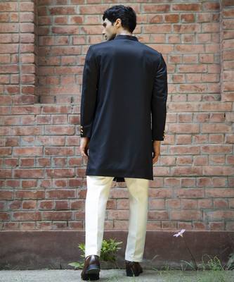 Black plain cotton poly achkan 3