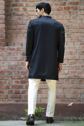 Black plain cotton poly achkan