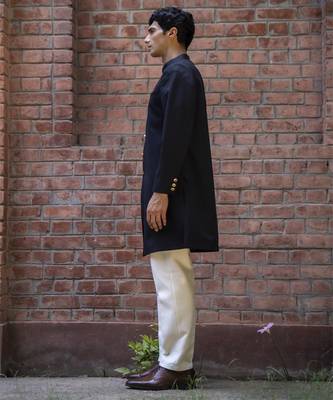 Black plain cotton poly achkan 4