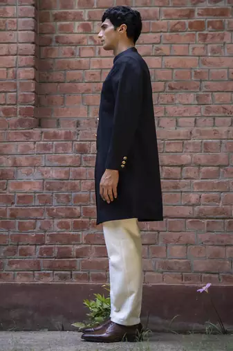 Black plain cotton poly achkan