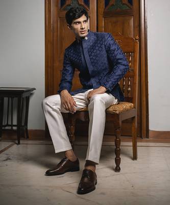 Blue embroidered linen bandhgala suit 1