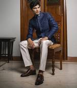 Blue embroidered linen bandhgala suit