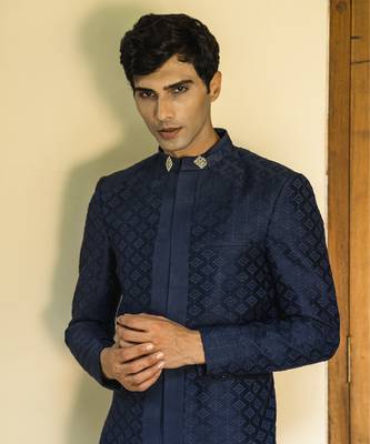 Blue embroidered linen bandhgala suit 2