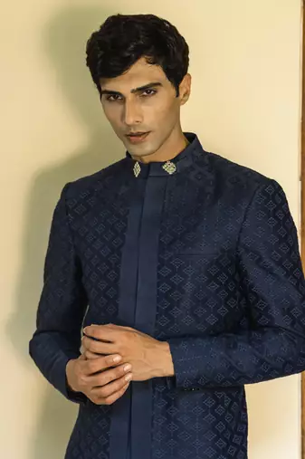Blue embroidered linen bandhgala suit