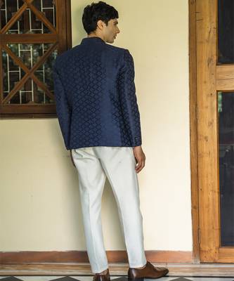 Blue embroidered linen bandhgala suit 3