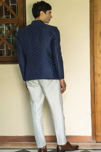 Blue embroidered linen bandhgala suit