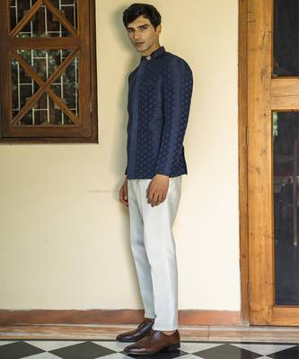 Blue embroidered linen bandhgala suit 4