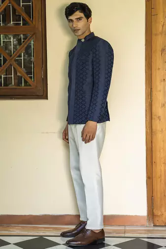 Blue embroidered linen bandhgala suit