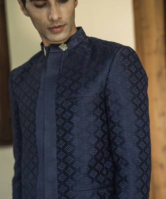 Blue embroidered linen bandhgala suit 5