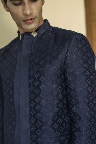 Blue embroidered linen bandhgala suit