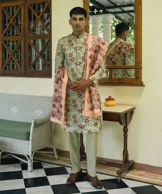 Green embroidered cotton silk sherwani 1