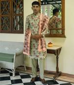 Green embroidered cotton silk sherwani