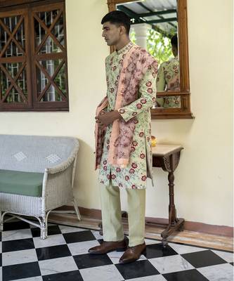 Green embroidered cotton silk sherwani 2