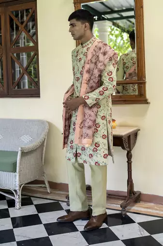 Green embroidered cotton silk sherwani