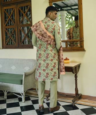 Green embroidered cotton silk sherwani 3