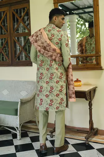 Green embroidered cotton silk sherwani
