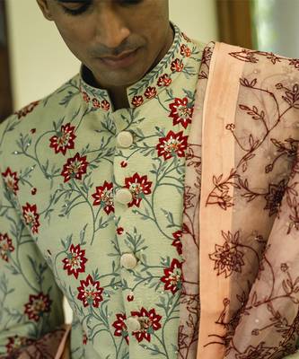 Green embroidered cotton silk sherwani 4