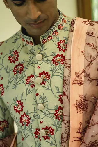 Green embroidered cotton silk sherwani