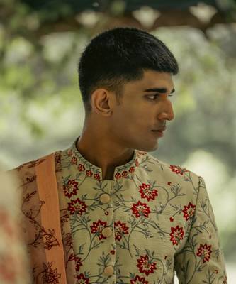 Green embroidered cotton silk sherwani 5