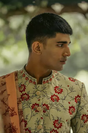 Green embroidered cotton silk sherwani