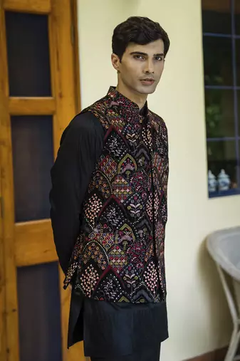 Black embroidered velvet kurta jacket set