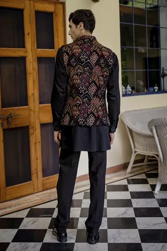 Black embroidered velvet kurta jacket set
