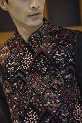 Black embroidered velvet kurta jacket set