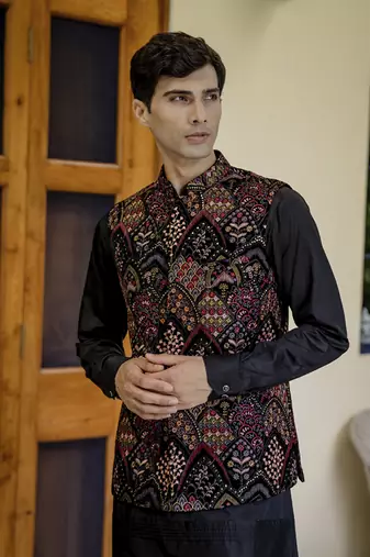 Black embroidered velvet kurta jacket set