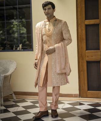 Beige embroidered cotton silk sherwani 1