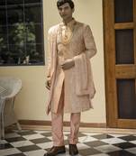 Beige embroidered cotton silk sherwani