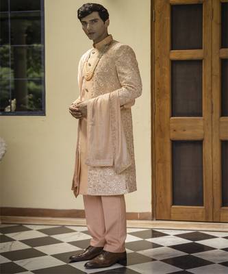 Beige embroidered cotton silk sherwani 2