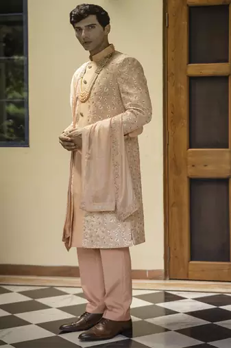 Beige embroidered cotton silk sherwani
