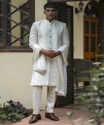 White embroidered cotton silk sherwani 1