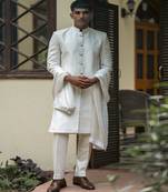 White embroidered cotton silk sherwani