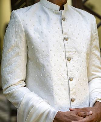 White embroidered cotton silk sherwani 2