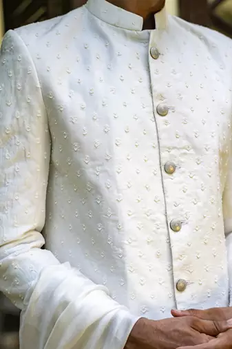 White embroidered cotton silk sherwani