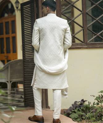 White embroidered cotton silk sherwani 3