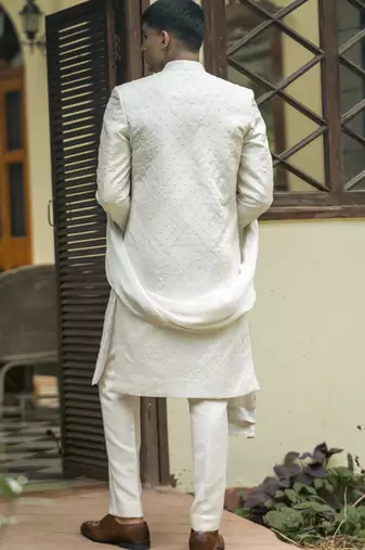 White embroidered cotton silk sherwani