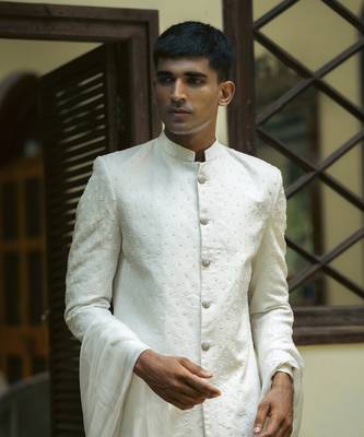 White embroidered cotton silk sherwani 4