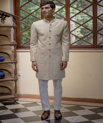 Beige embroidered cotton silk sherwani 1