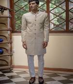 Beige embroidered cotton silk sherwani