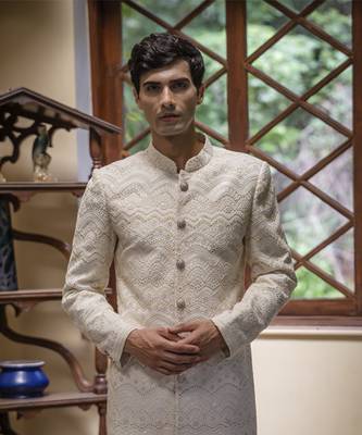 Beige embroidered cotton silk sherwani 2
