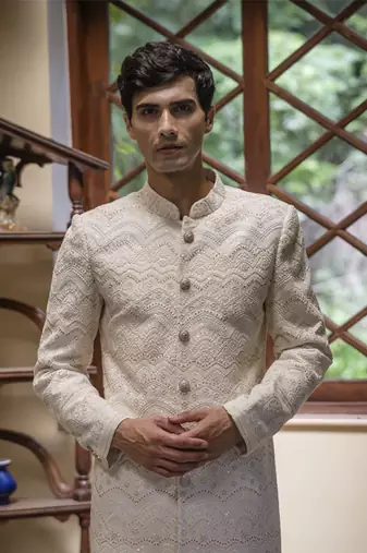 Beige embroidered cotton silk sherwani