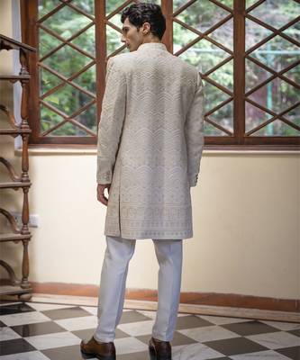 Beige embroidered cotton silk sherwani 3