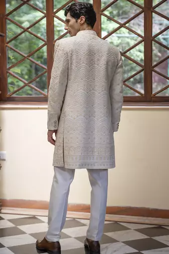 Beige embroidered cotton silk sherwani